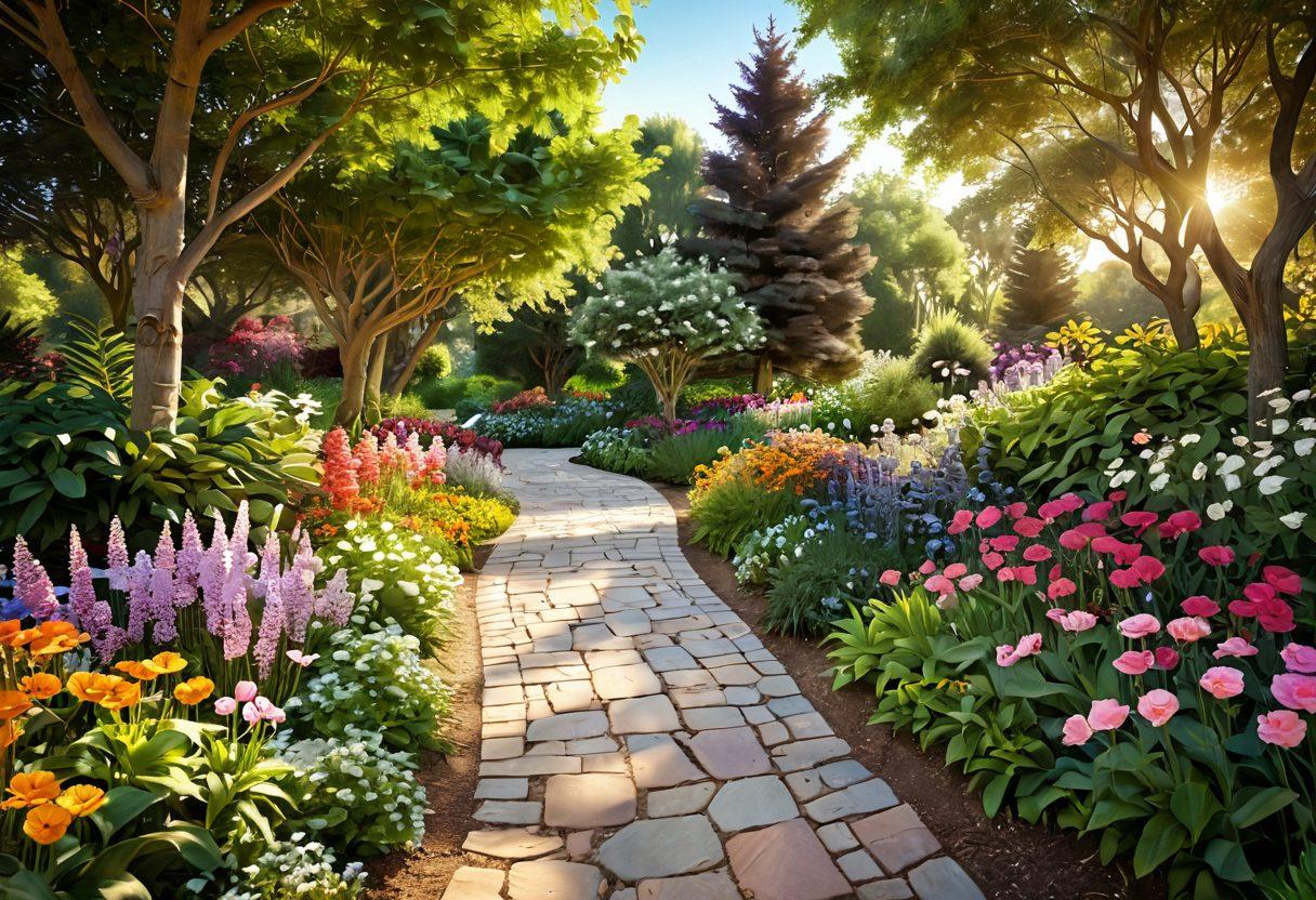 A serene pathway winding through a lush garden, symbolizing the journey of empowerment against cancer. Include diverse people of various ages and backgrounds walking together, sharing support and smiles, surrounded by bright flowers representing hope and wellness. Soft sunlight filters through the trees, casting a warm glow on the scene. super-realistic. vibrant colors. 3D.