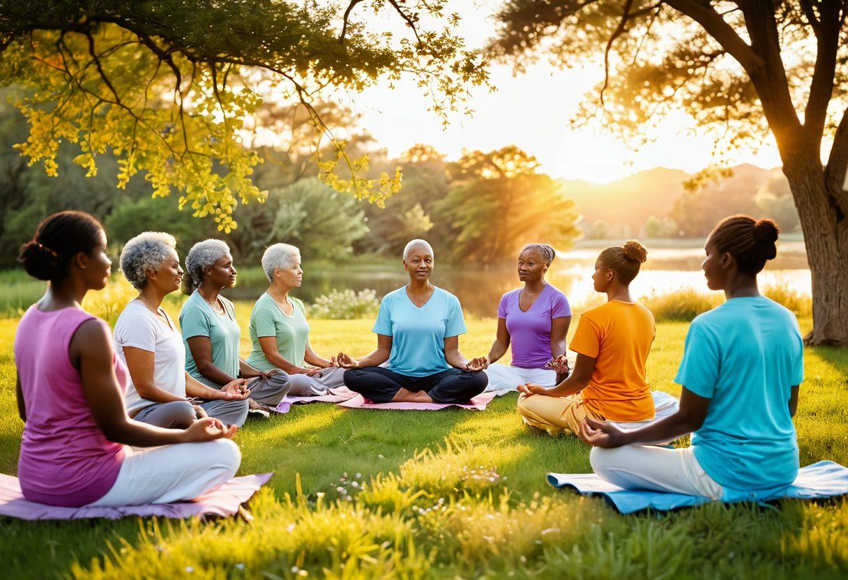 A serene landscape with a vibrant sunrise symbolizing hope, featuring a diverse group of cancer survivors engaging in various activities such as meditation, exercise, and support group discussions. Include elements of nature like blooming flowers and butterflies to represent renewal and resilience. The scene should embody a sense of community and empowerment. soft focus. warm colors. uplifting atmosphere.