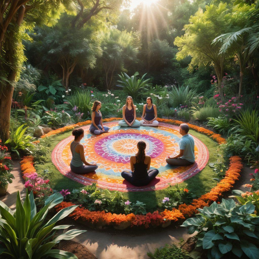 A serene landscape featuring a diverse group of people engaged in holistic practices, such as meditation, yoga, and group discussions in a lush garden. Vibrant plants and flowers surround them, symbolizing community and growth. A soft, warm light bathes the scene, enhancing feelings of empowerment and knowledge. Ethereal elements like subtle mandalas and ethereal butterflies adding a hint of magic. super-realistic. vibrant colors. nature-inspired.